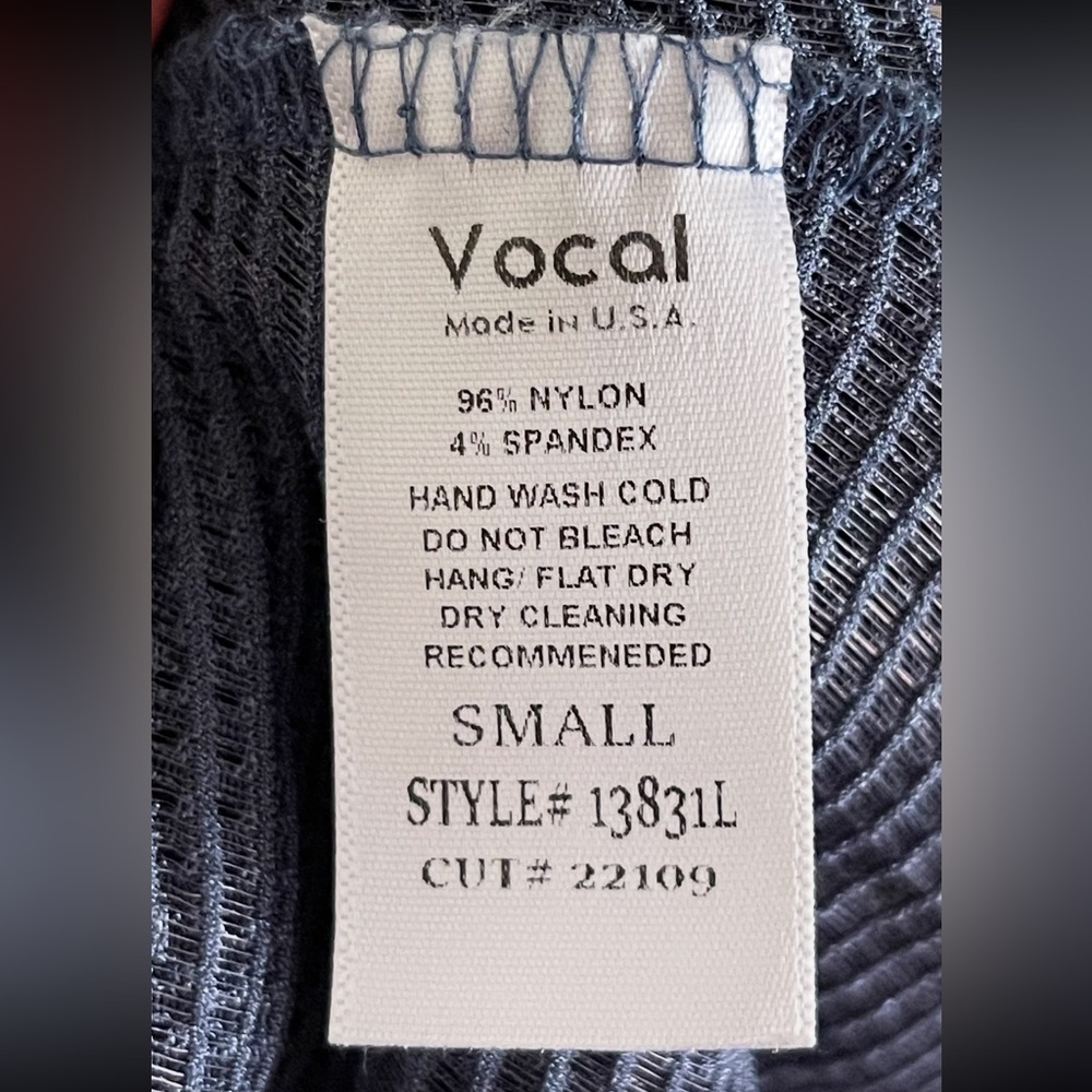 VOCAL Semi-Sheer High/Low Faceted Silvery Adornments on Denim Color Fabric Top S - Picture 7 of 7